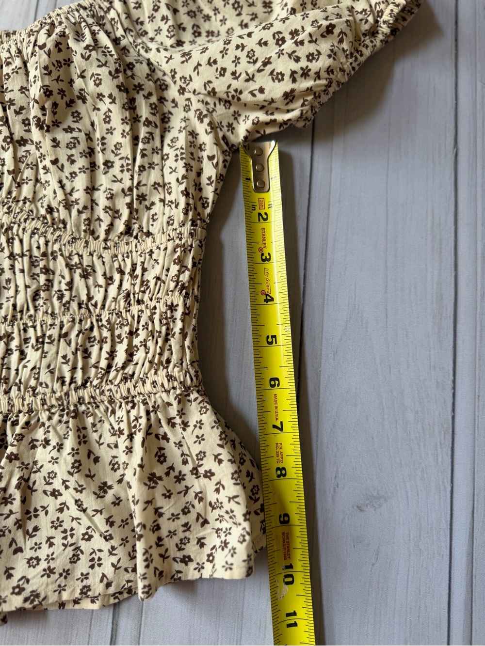 Sim & Sam cream brown floral milkmaid puff sleeve smocked bodice blouse. Medium - Picture 11 of 14